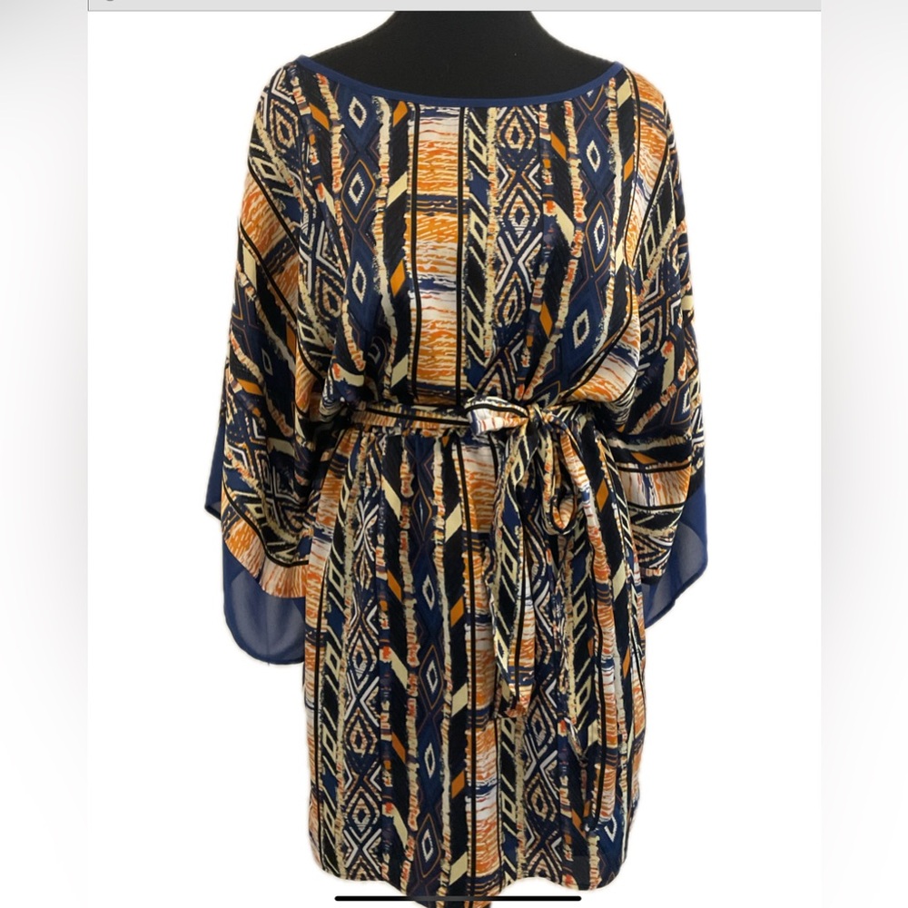 Ark & Co Geometric Scoop Neck ,Belted Dress in Navy and Orange
